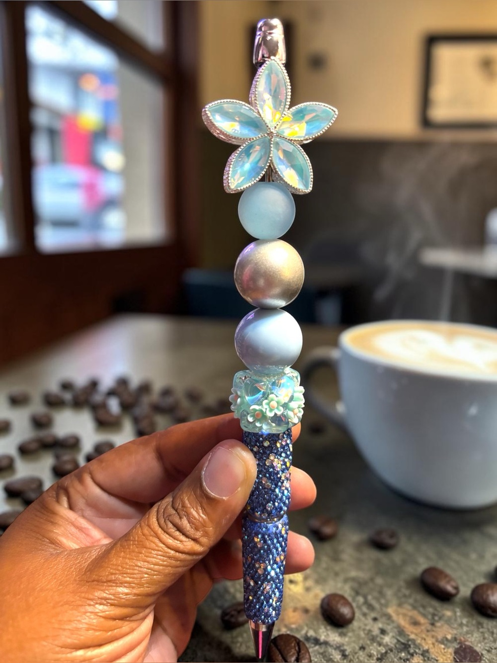 Handmade Rhinestone Beaded Pen with Blue Floral Top